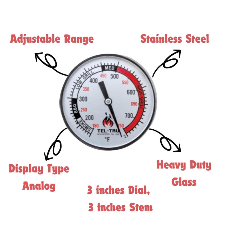 Tel-Tru BQ325R Big Green Egg, Primo, Komodo, Grill Dome, or Other Kamado-Style Replacement Thermometer, 3" dial with red and Black Zones, 3â€ stem, 150/750 Degrees F - Image 4